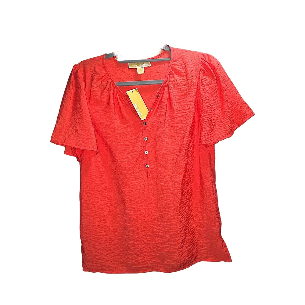 Michael Michael Kors Coral Red Textured Short Sleeve Button Neck Blouse NWT S